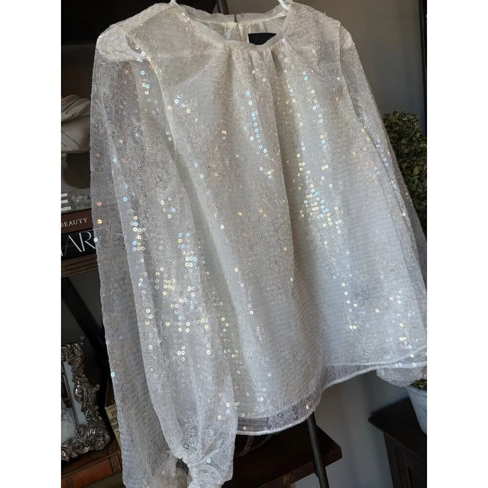 Le Superbe Sparkling Femme Sequin Sheer Blouse Sheer White Womens Size 2